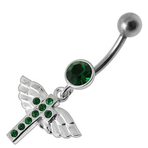 Jeweled Flying Cross Dangling Belly Ring - Emerald